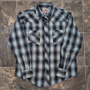 WRANGLER Vintage 90s Western Pearl Snap Plaid Shirt,Blue Green Brown, M